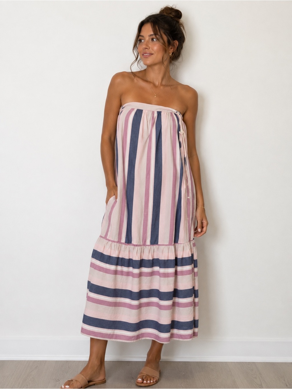 Strapless Pink & Navy Stripe Midi Dress
